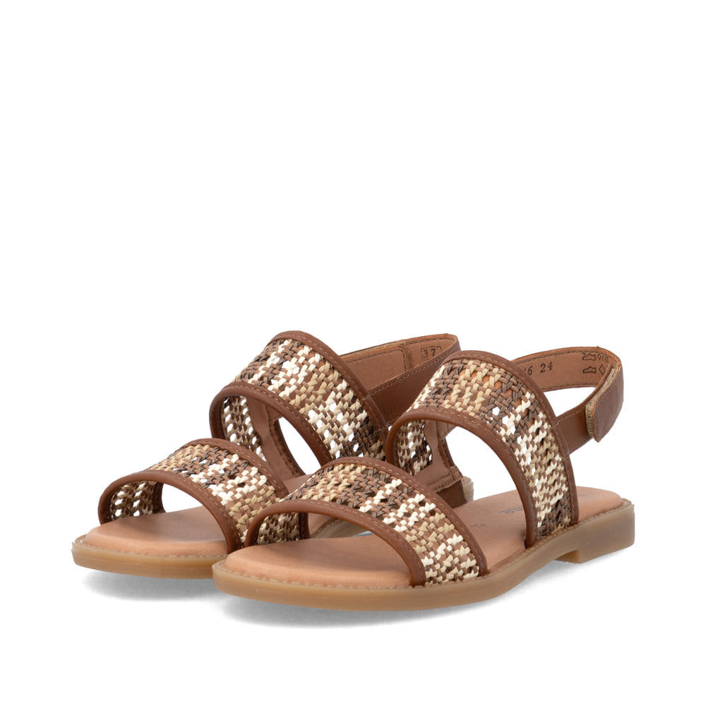 Sandales à lanières remonte marron vegan pour femme D3646-24. Chaussures inclinées sur le côté.