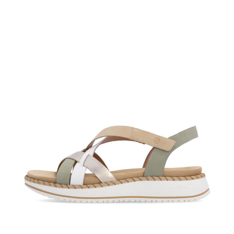 Grünbeige remonte Riemchensandalen D3J53-52 mit einem Klettverschluss. Schuh Außenseite.