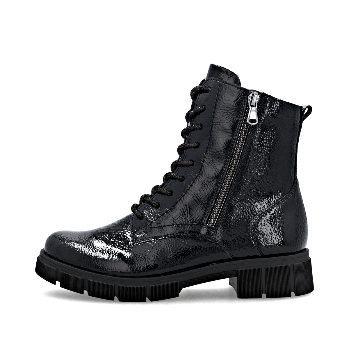 Schwarze remonte Damen Schnürstiefel D2S72-02 mit einem Reißverschluss. Schuh Außenseite.