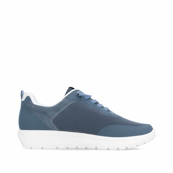Mocassins remonte bleus pour femme D2V04-12 avec bande élastique. Côté intérieur de la chaussure.