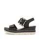 Schwarze remonte Keilsandaletten D2L53-00 mit einem Klettverschluss. Schuh Außenseite.