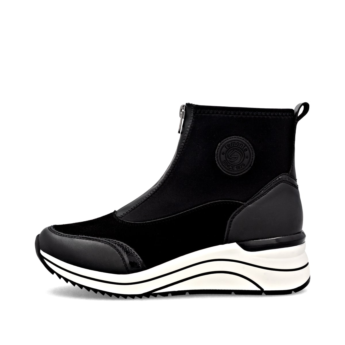 Vegane, schwarze remonte Damen Kurzstiefel D0T78-02 mit einem Reißverschluss. Schuh Außenseite.