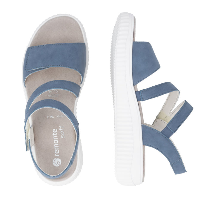 Blaue remonte Riemchensandalen D3L51-14 mit Klettverschluss sowie Extraweite H. Schuh von oben, liegend.