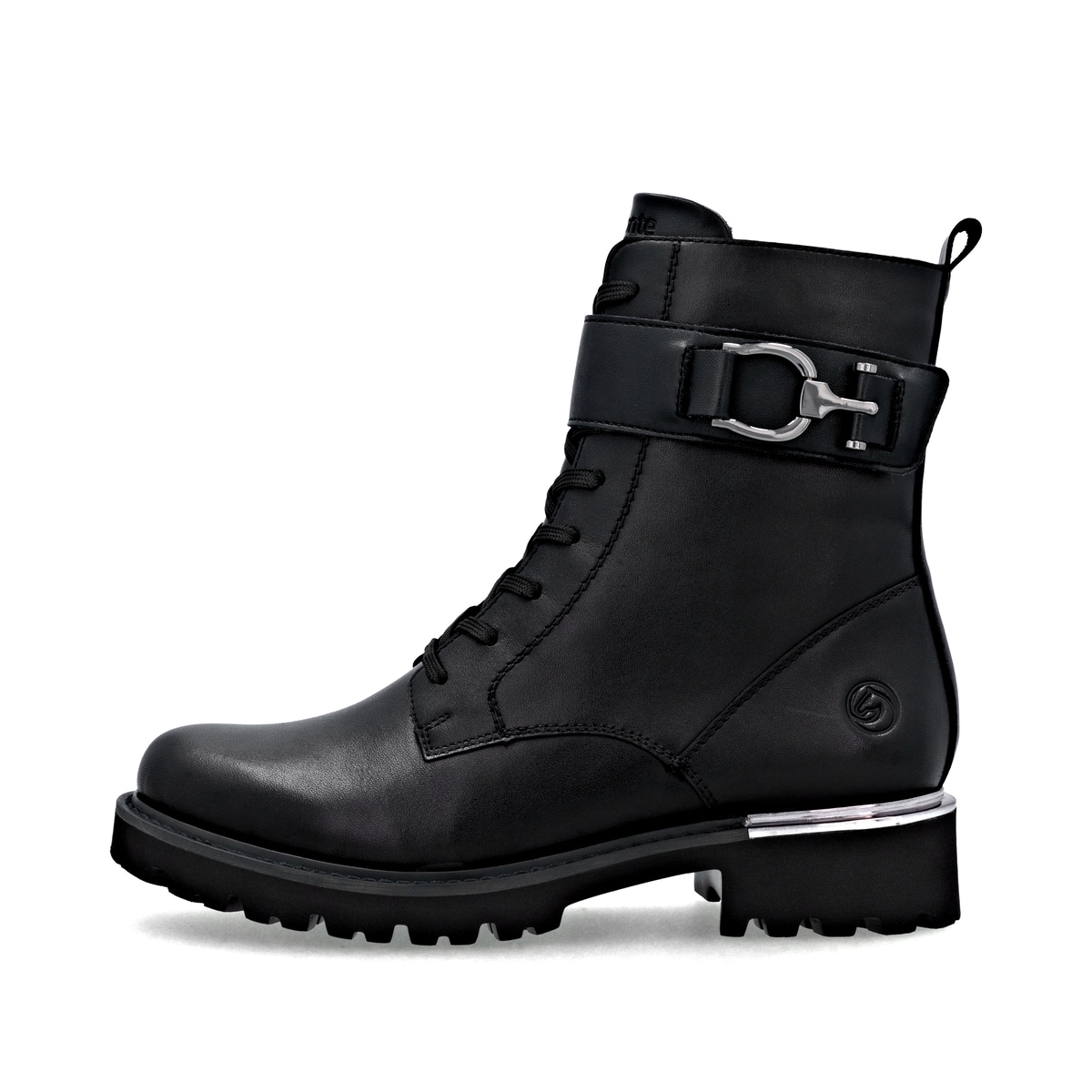 Schwarze remonte Damen Schnürstiefel D8657-00 mit einem Reißverschluss. Schuh Außenseite.
