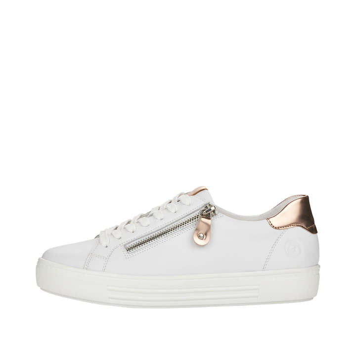 Weiße remonte Damen Sneaker Low D0903-81 mit Reißverschluss sowie Komfortweite G. Schuh Außenseite.