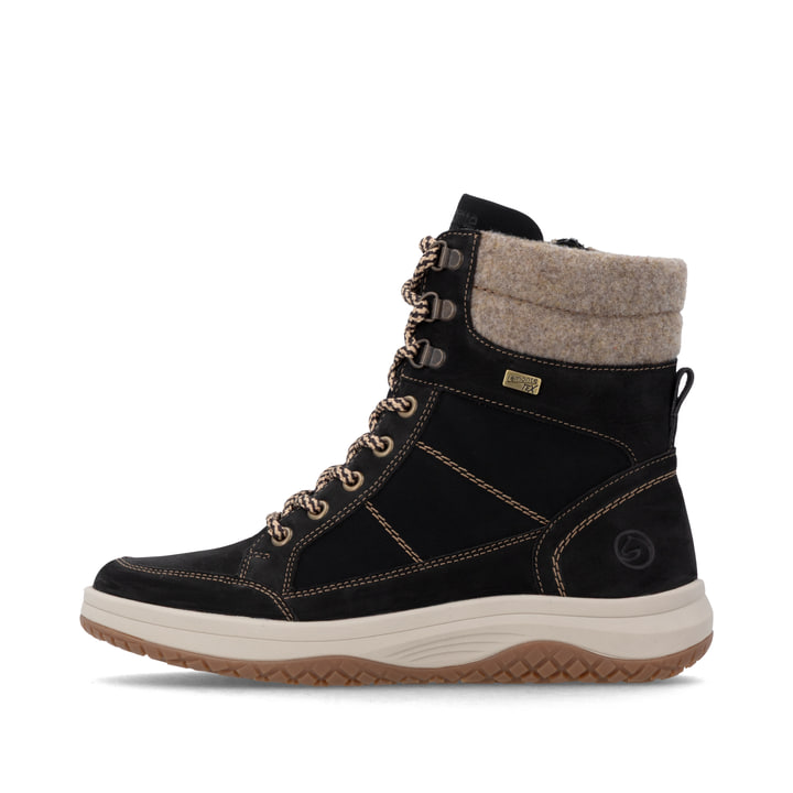 Schwarze remonte Damen Schnürstiefel D3Q72-03 mit wasserabweisender TEX-Membran. Schuh Außenseite.