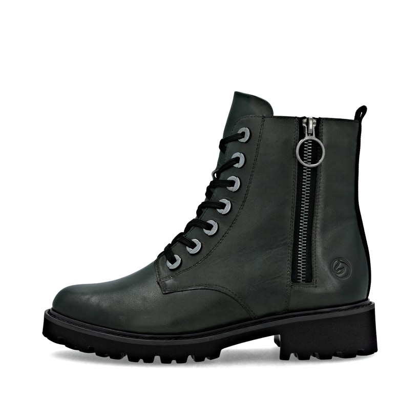 Dunkelgrüne remonte Damen Schnürstiefel D8671-56 mit einem Reißverschluss. Schuh Außenseite.