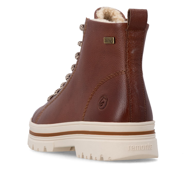 Braune remonte Damen Schnürstiefel D2U75-24 mit wasserabweisender TEX-Membran. Schuh von hinten.