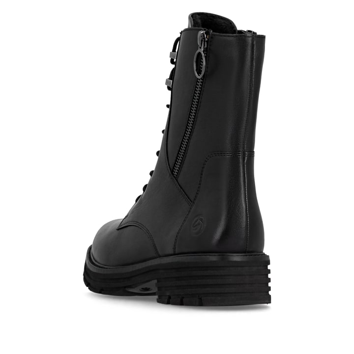 Schwarze remonte Damen Schnürstiefel D3A71-00 mit einem Reißverschluss. Schuh von hinten.