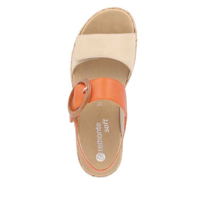 Orangene remonte Riemchensandalen R6853-39 mit einem Klettverschluss. Schuh von oben.