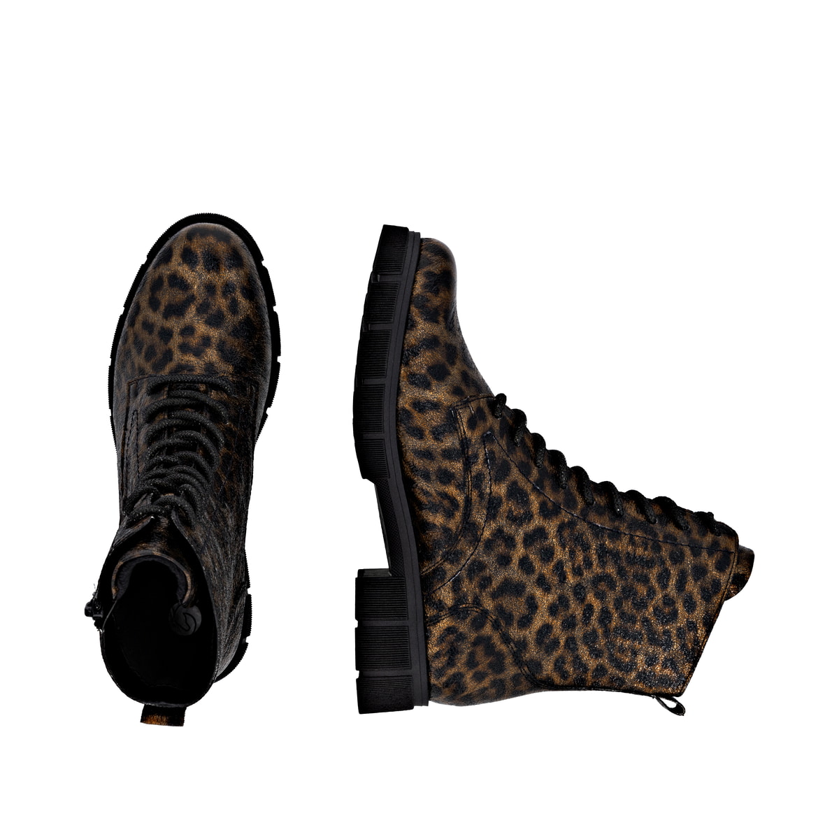 Vegane, braun-schwarze remonte Damen Schnürstiefel D2S72-90 mit Reißverschluss. Schuh von oben, liegend.