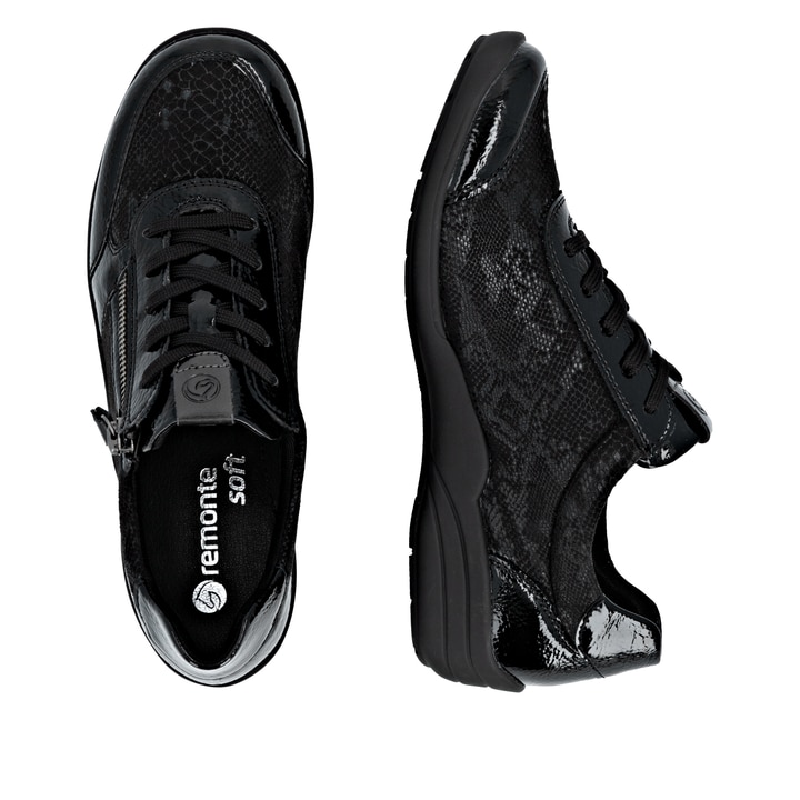 Schwarze remonte Damen Sneaker R7637-04 mit Reißverschluss sowie Extraweite H. Schuh von oben, liegend.