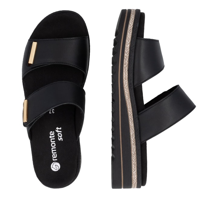 Mules remonte noires pour femme D0Q64-00 avec fermeture velcro. Chaussure vue de dessus, couchée.