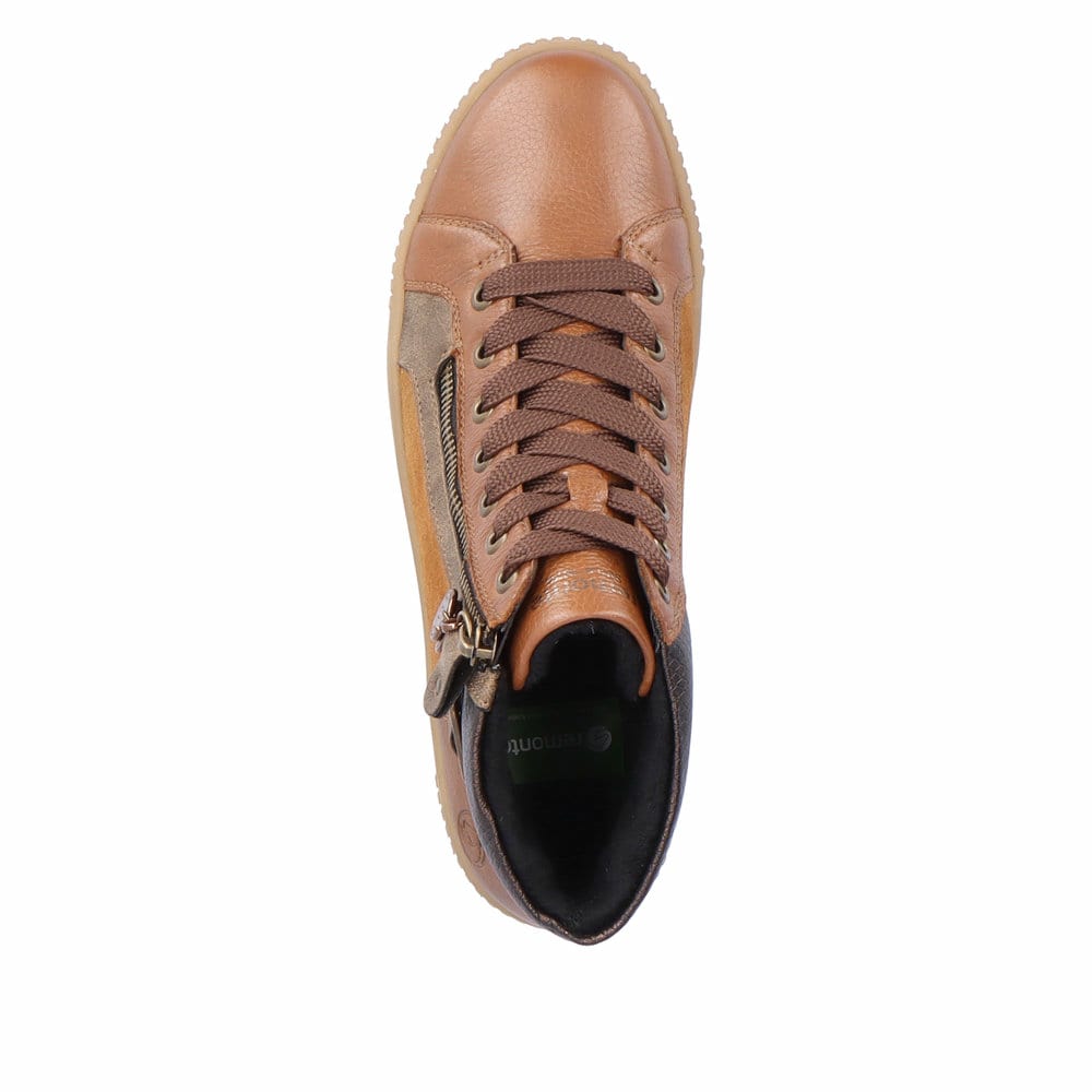 Nougatbraune remonte Damen Schnürstiefel R7997-24 mit Schnürung und Reißverschluss. Schuh seitlich schräg