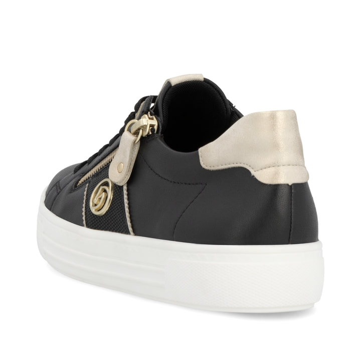 Schwarze remonte Damen Sneaker Low D0919-03 mit einem Reißverschluss. Schuh von hinten.
