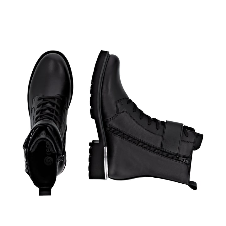 Schwarze remonte Damen Schnürstiefel D8657-00 mit einem Reißverschluss. Schuh von oben, liegend.