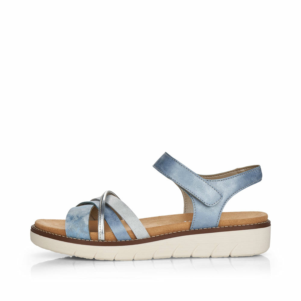 Blaue vegane remonte Riemchensandalen D2058-12 mit einem Klettverschluss. Schuh Außenseite.