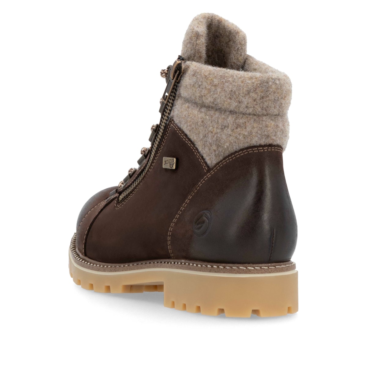 Braune remonte Damen Schnürstiefel D7478-25 mit wasserabweisender TEX-Membran. Schuh von hinten.