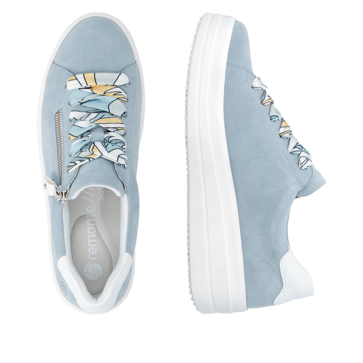 Blauweiße remonte Damen Sneaker D1C06-10 mit Reißverschluss sowie Komfortweite G. Schuh von oben, liegend.