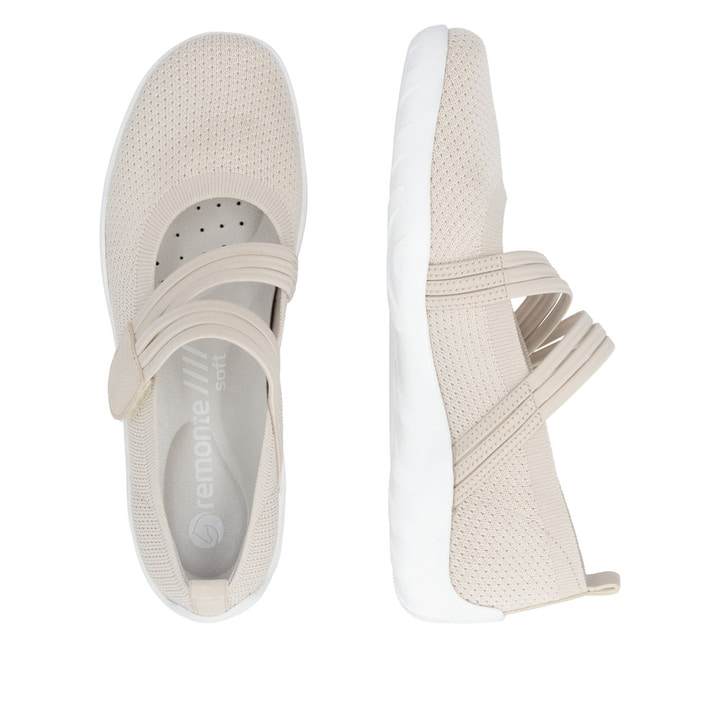 Ballerines remonte beiges pour femme R3519-60 avec fermeture velcro. Chaussure vue de dessus, couchée.