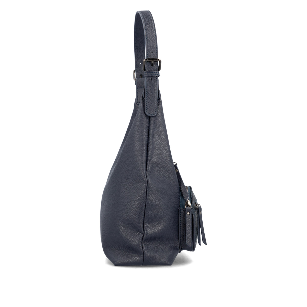Sac bandoulière remonte Q0725-14 en bleu avec un compartiment principal spacieux, fermeture éclair et deux poches extérieures. Côté droit.