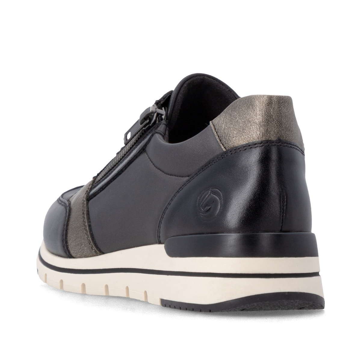 Baskets basses remonte noires pour femmes R6700-04 avec fermeture éclair. Chaussure vue de l'arrière.