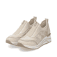 Beige vegane remonte Damen Slipper D0T08-61 mit einem Reißverschluss. Schuhpaar seitlich schräg.