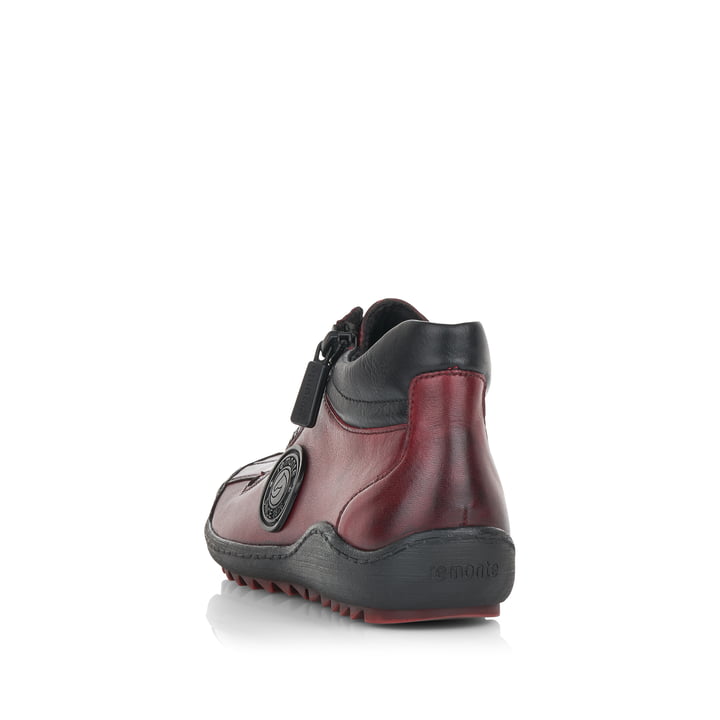 Weinrot-schwarze remonte Damen Schnürstiefel R1477-35 mit einem Reißverschluss. Schuh von hinten.