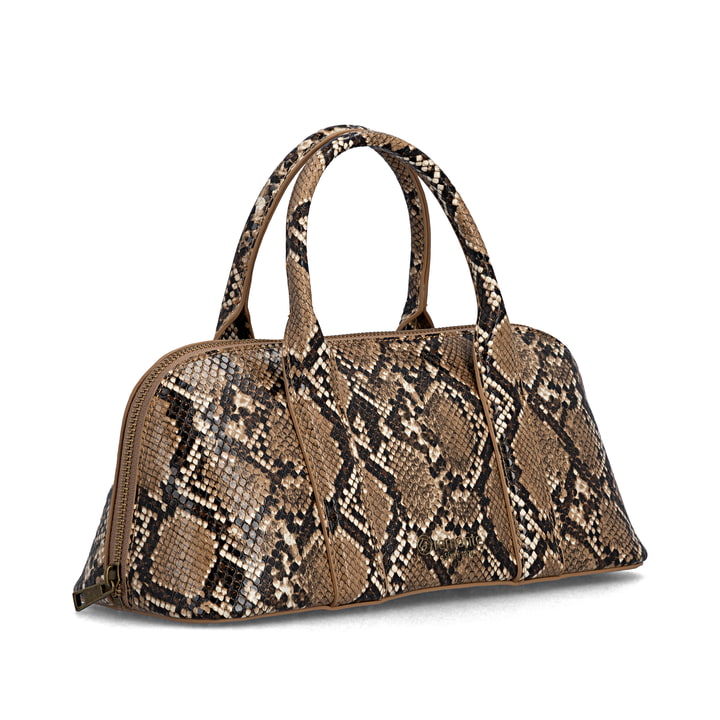 Sac à main remonte Q0673-25 avec motif serpent avec poignée de transport, bandoulière et poche intérieure. Côté gauche.