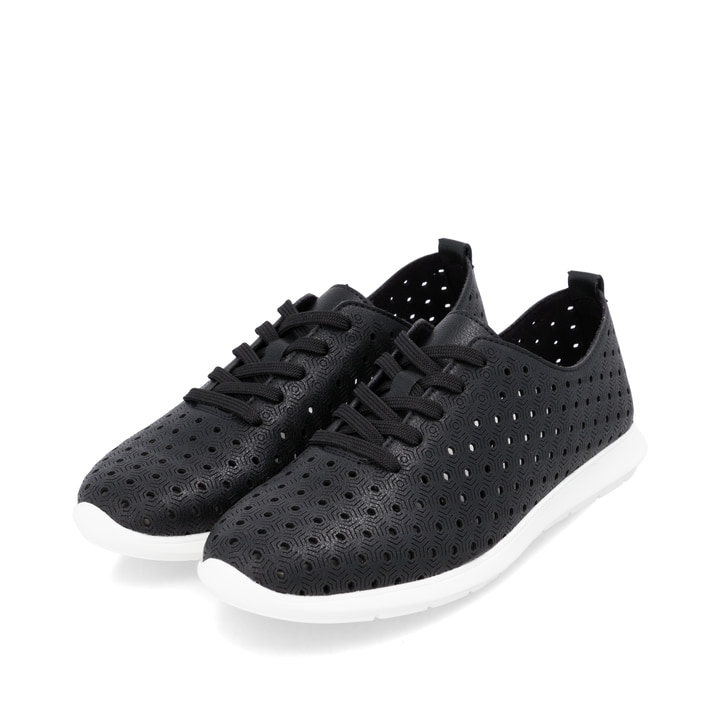 Schwarze remonte Damen Schnürschuhe R7101-00 mit der Komfortweite G. Schuhpaar seitlich schräg.