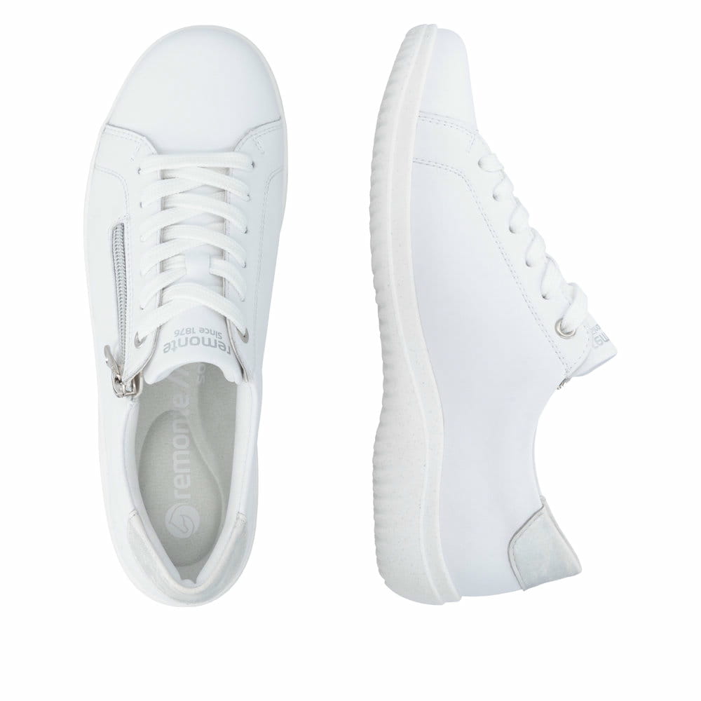 Weiße remonte Damen Schnürschuhe D1E03-81 mit einem Reißverschluss. Schuh von oben, liegend.