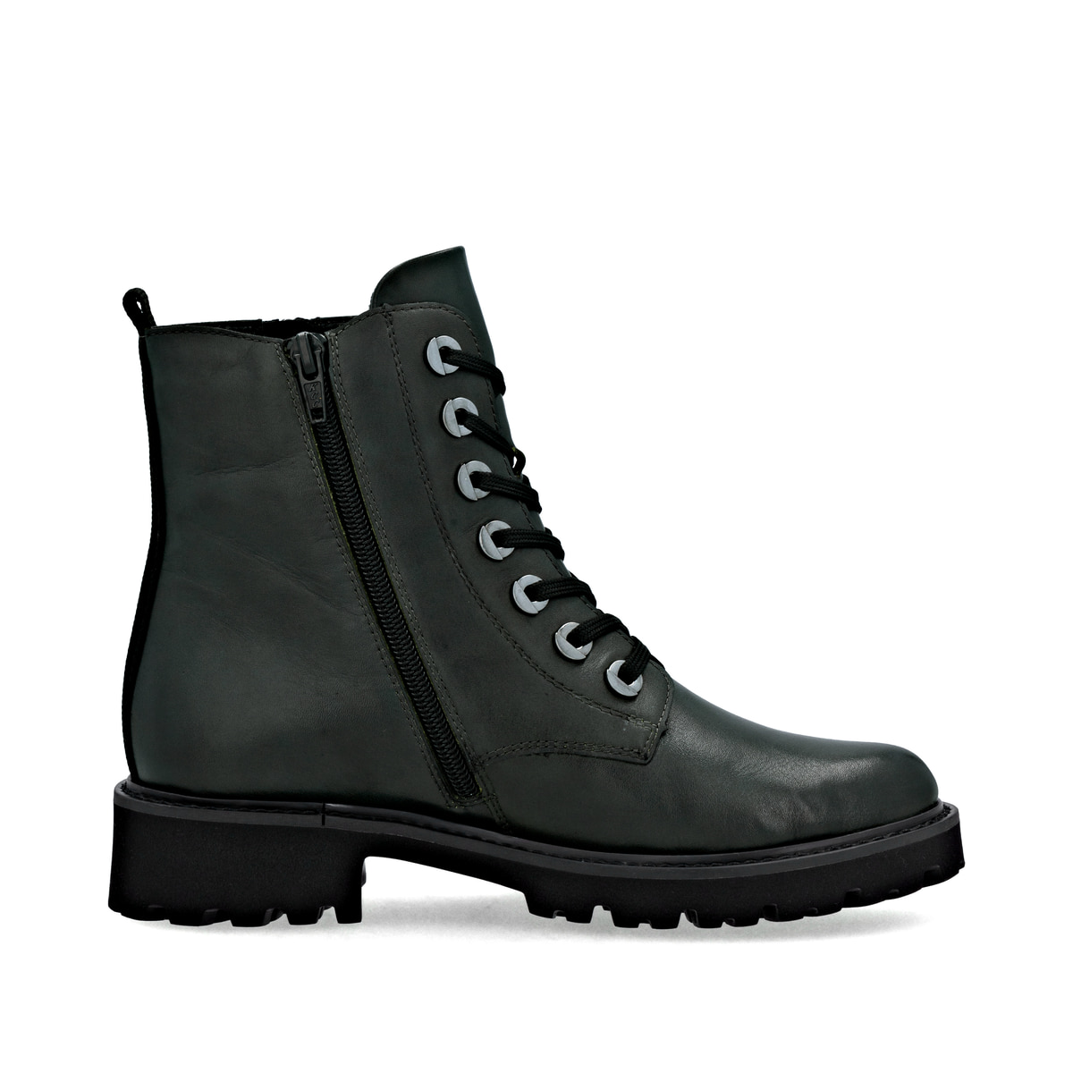 Dunkelgrüne remonte Damen Schnürstiefel D8671-56 mit einem Reißverschluss. Schuh Innenseite.