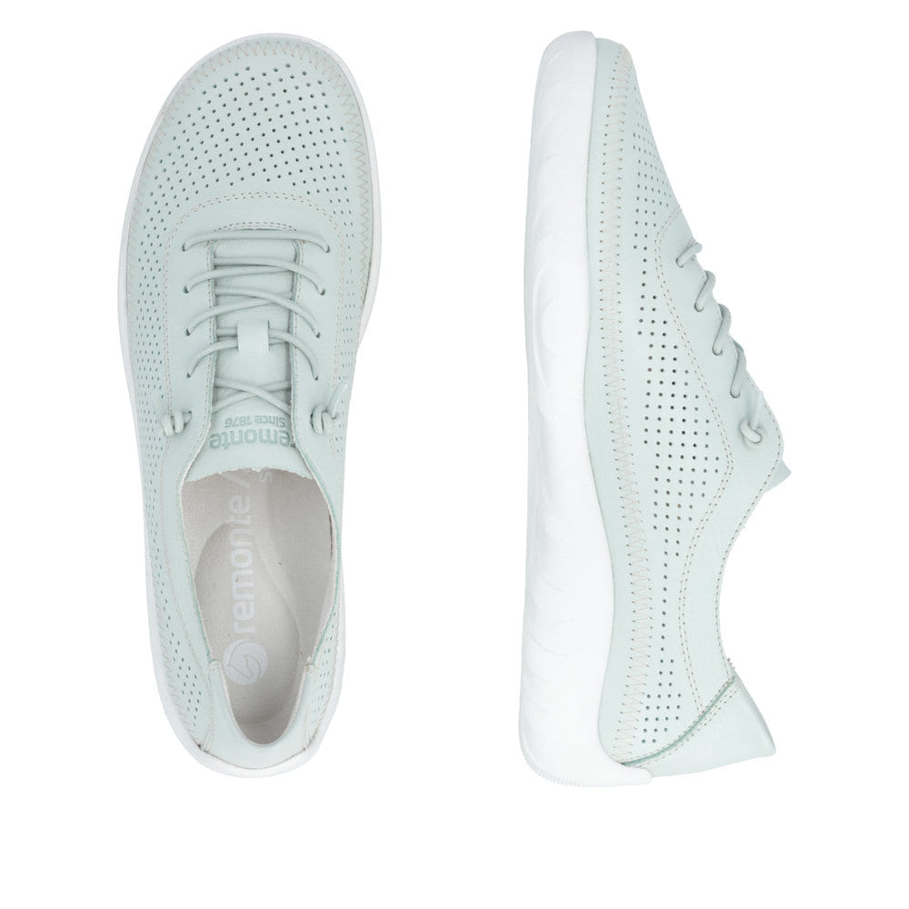 Grüne remonte Damen Slipper R3521-52 mit einem Gummizug sowie der Komfortweite G. Schuh von oben, liegend.