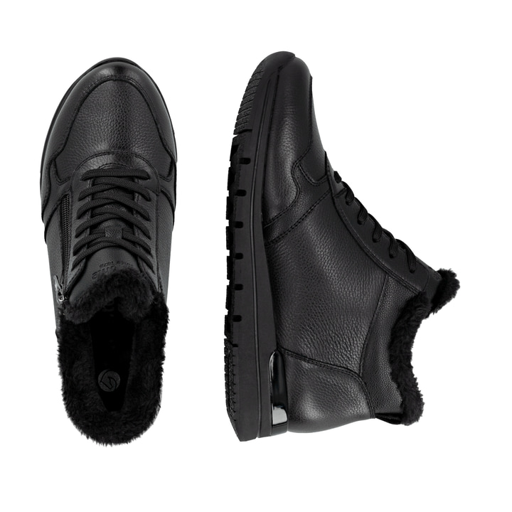 Schwarze remonte Damen Schnürstiefel R6773-00 mit wasserabweisender TEX-Membran. Schuh von oben, liegend.