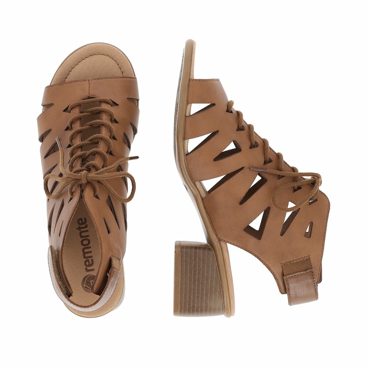 Braune remonte Riemchensandaletten R8776-24 mit einem Klettverschluss. Schuh von oben, liegend.