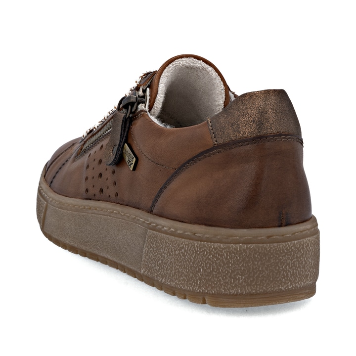 Braune remonte Damen Sneaker D2T00-24 mit wasserabweisender remonteTEX-Membran. Schuh von hinten.