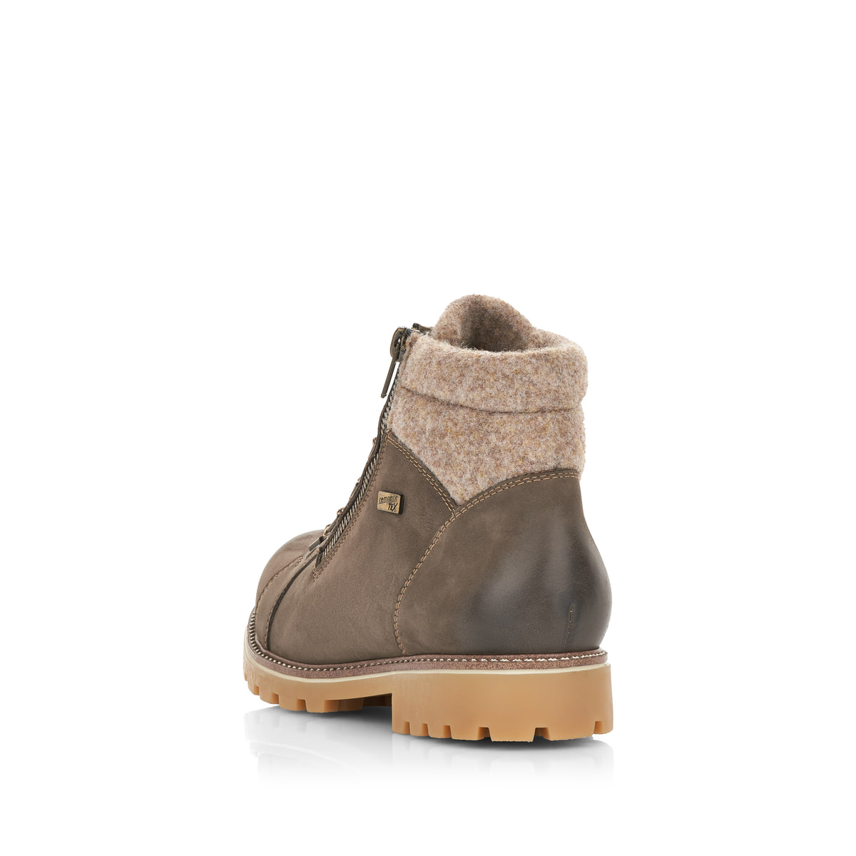 
Asphaltgraue remonte Damen Schnürstiefel D7478-45 mit Schnürung und Reißverschluss. Schuh von hinten