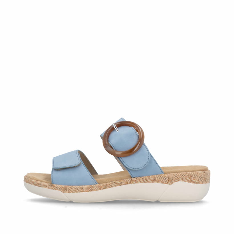 Blaue remonte Damen Pantoletten R6858-10 mit trendiger Schnalle. Schuh Außenseite.