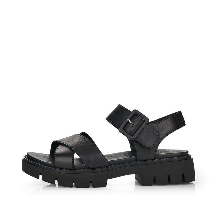 Schwarze remonte Riemchensandalen D7950-00 mit einem Klettverschluss. Schuh Außenseite.