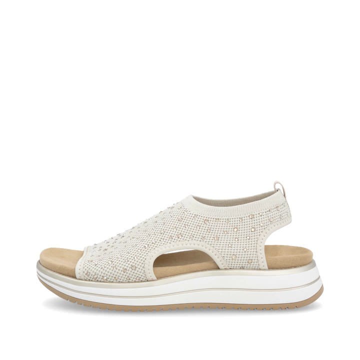 Beige remonte Riemchensandalen D1J55-60 mit Gummizug sowie weicher Einlegesohle. Schuh Außenseite.