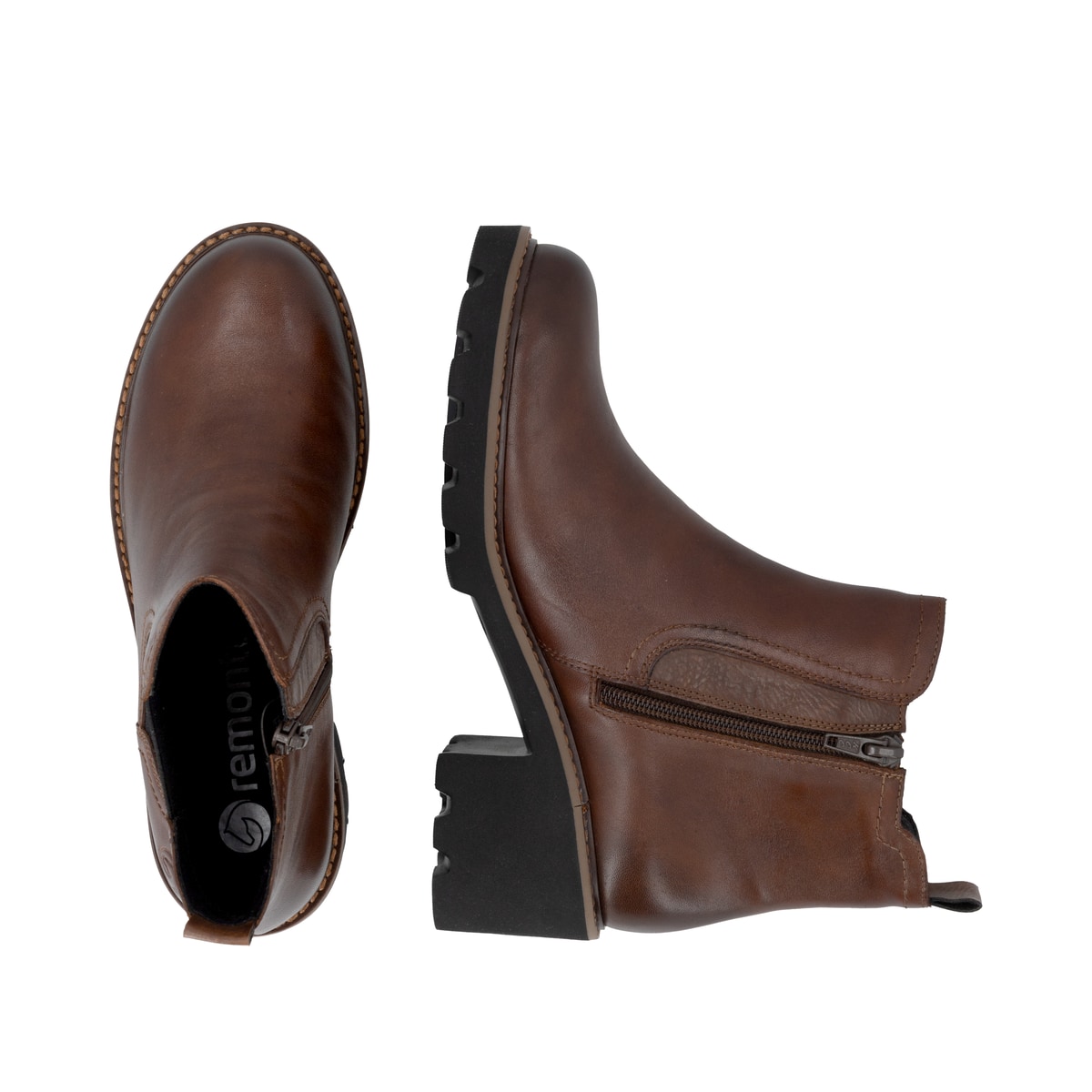 Braune remonte Chelsea Boots D0A70-22 mit Reißverschluss sowie Komfortweite G. Schuh von oben, liegend.