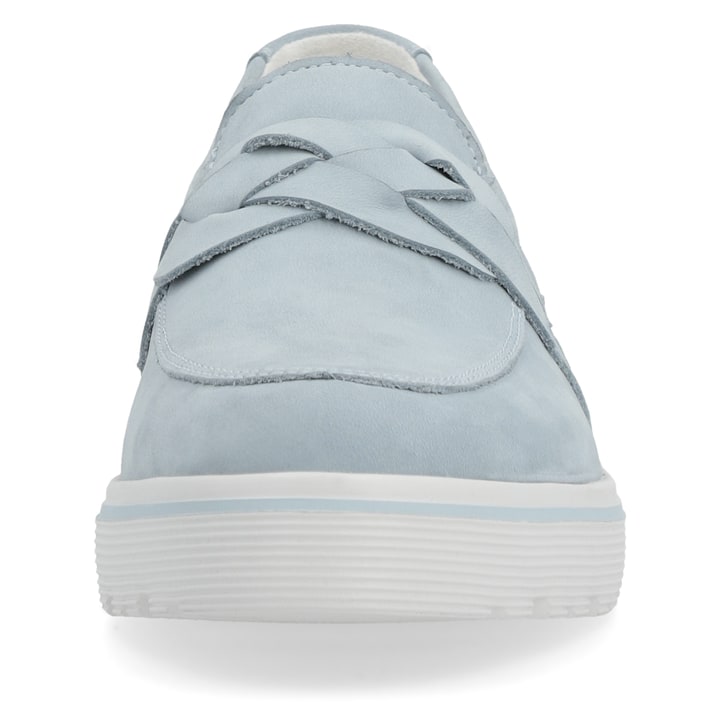 Blaue remonte Damen Loafer D1H01-12 mit Elastikeinsatz sowie geflochtenem Riemen. Schuh von vorne.