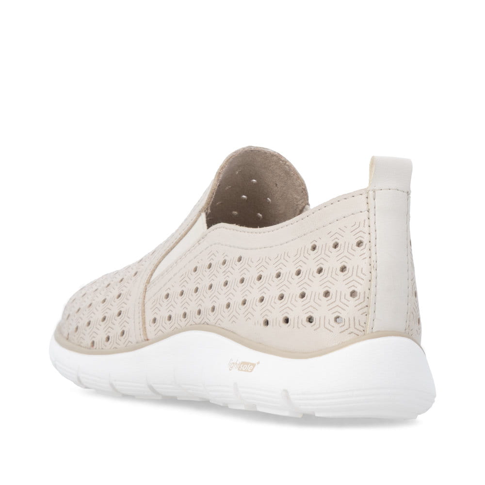 Beige remonte Damen Slipper D3G04-60 mit eleganten Zierlochungen sowie Gummizug. Schuh von hinten.