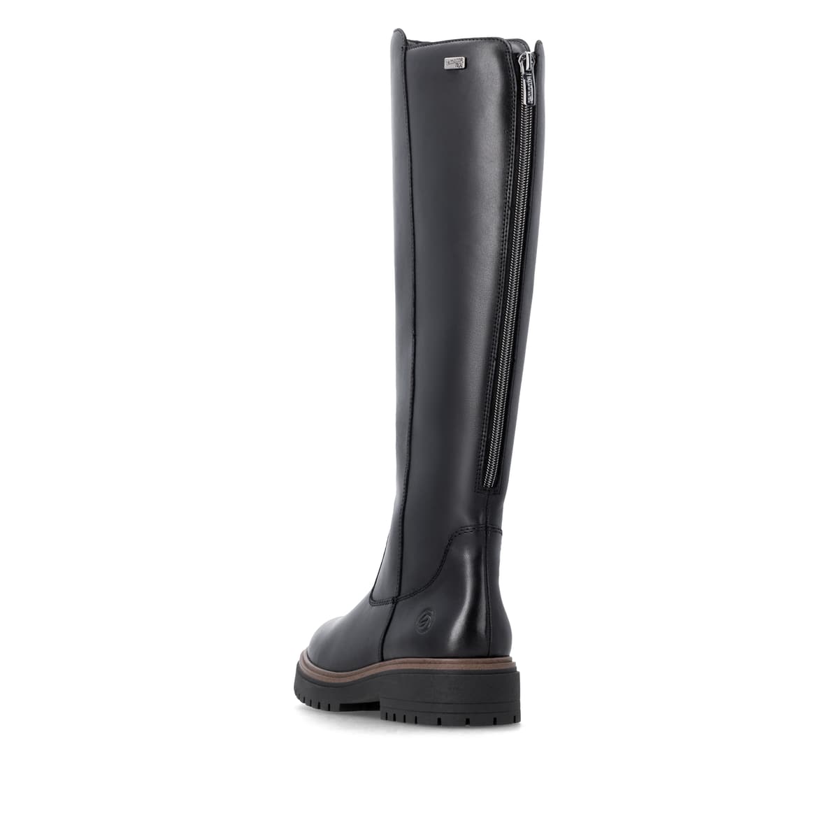 Schwarze remonte Hochschaftstiefel D4B71-00 mit wasserabweisender TEX-Membran. Schuh von hinten.