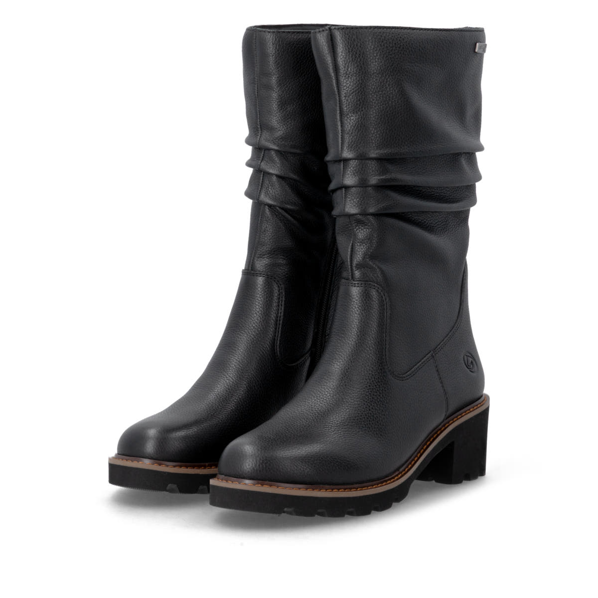 Schwarze remonte Hochschaftstiefel D0A75-01 mit wasserabweisender TEX-Membran. Schuhpaar seitlich schräg.