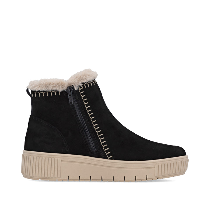 Schwarz-beige remonte Damen Kurzstiefel D3B70-03 mit modernen Ziernähten. Schuh Innenseite.
