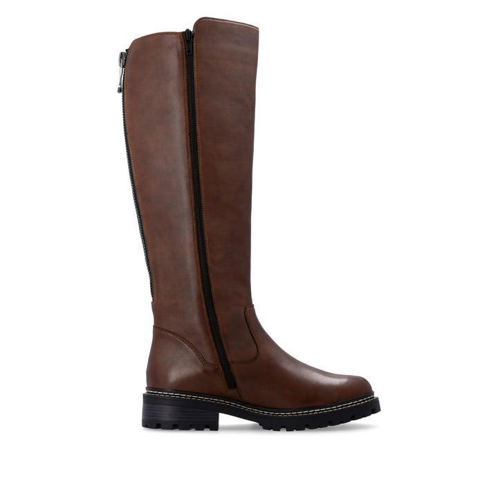 Karamellbraune remonte Damen Hochschaftstiefel D0B72-22 mit einer Profilsohle. Schuh von hinten