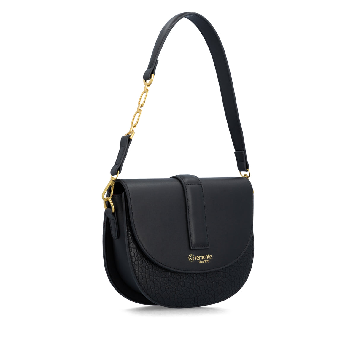 remonte Handtasche Q0678-00 in Schwarz mit Magnetverschluss, wechselbarem Schulterriemen und goldenen Akzenten.  Linksseitig.