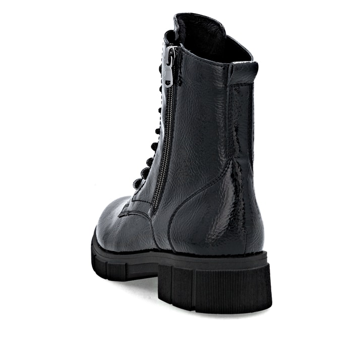 Schwarze remonte Damen Schnürstiefel D2S72-02 mit einem Reißverschluss. Schuh von hinten.