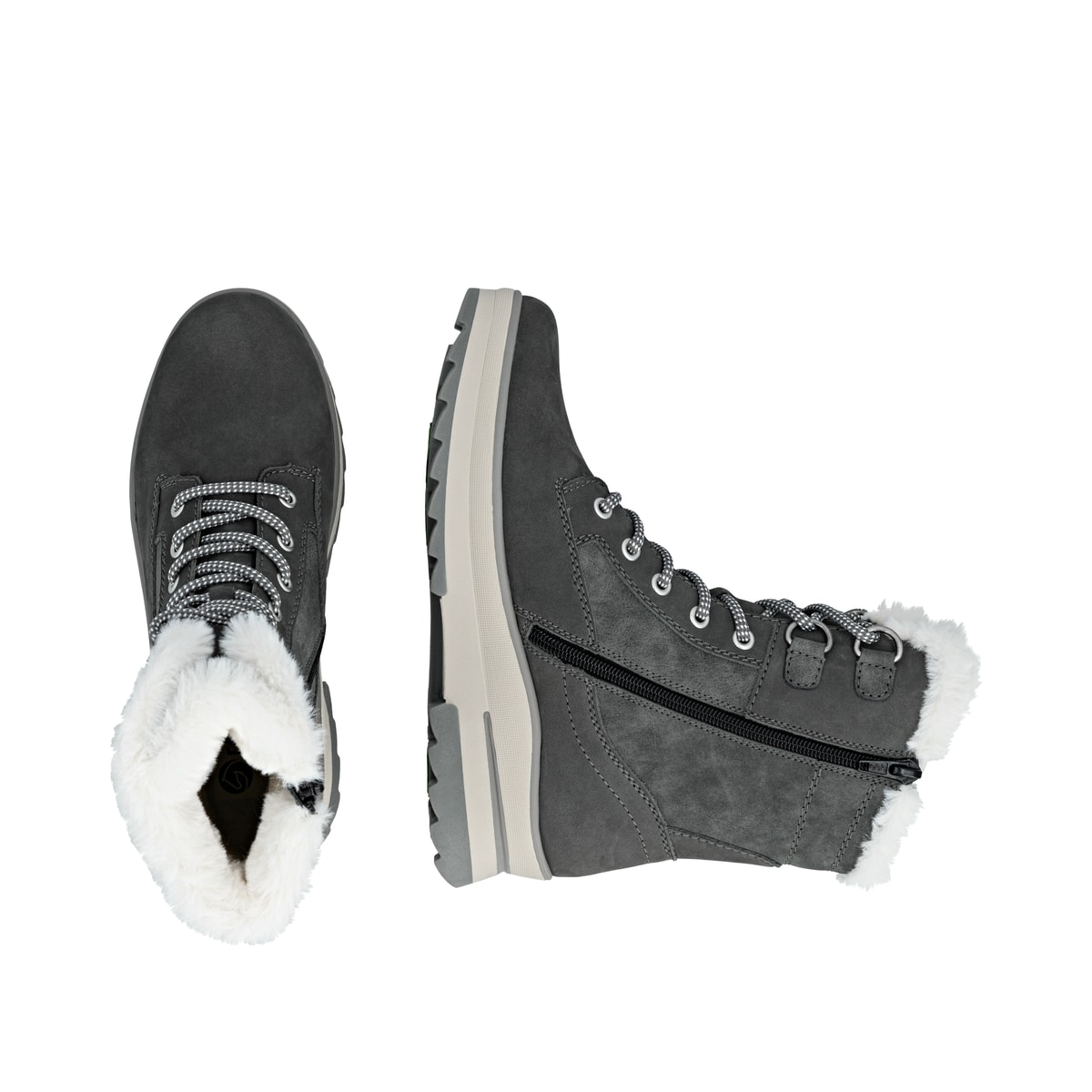 Graubeige remonte Damen Schnürstiefel D2B73-45 mit griffiger Glass-Fibre Sohle. Schuh von oben, liegend.